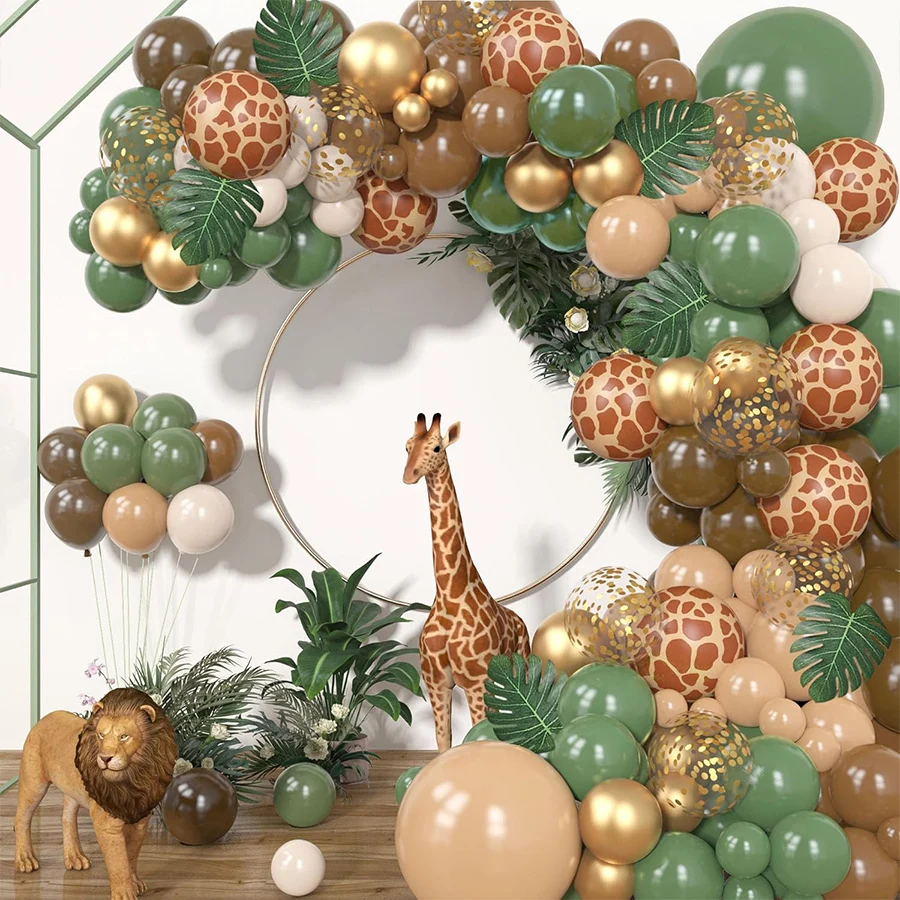 Jungle Safari Balloons Arch Kit Sage Green Brown Nude Animal Print Balloons for Woodland Giraffe Wild One Birthday Party Decor