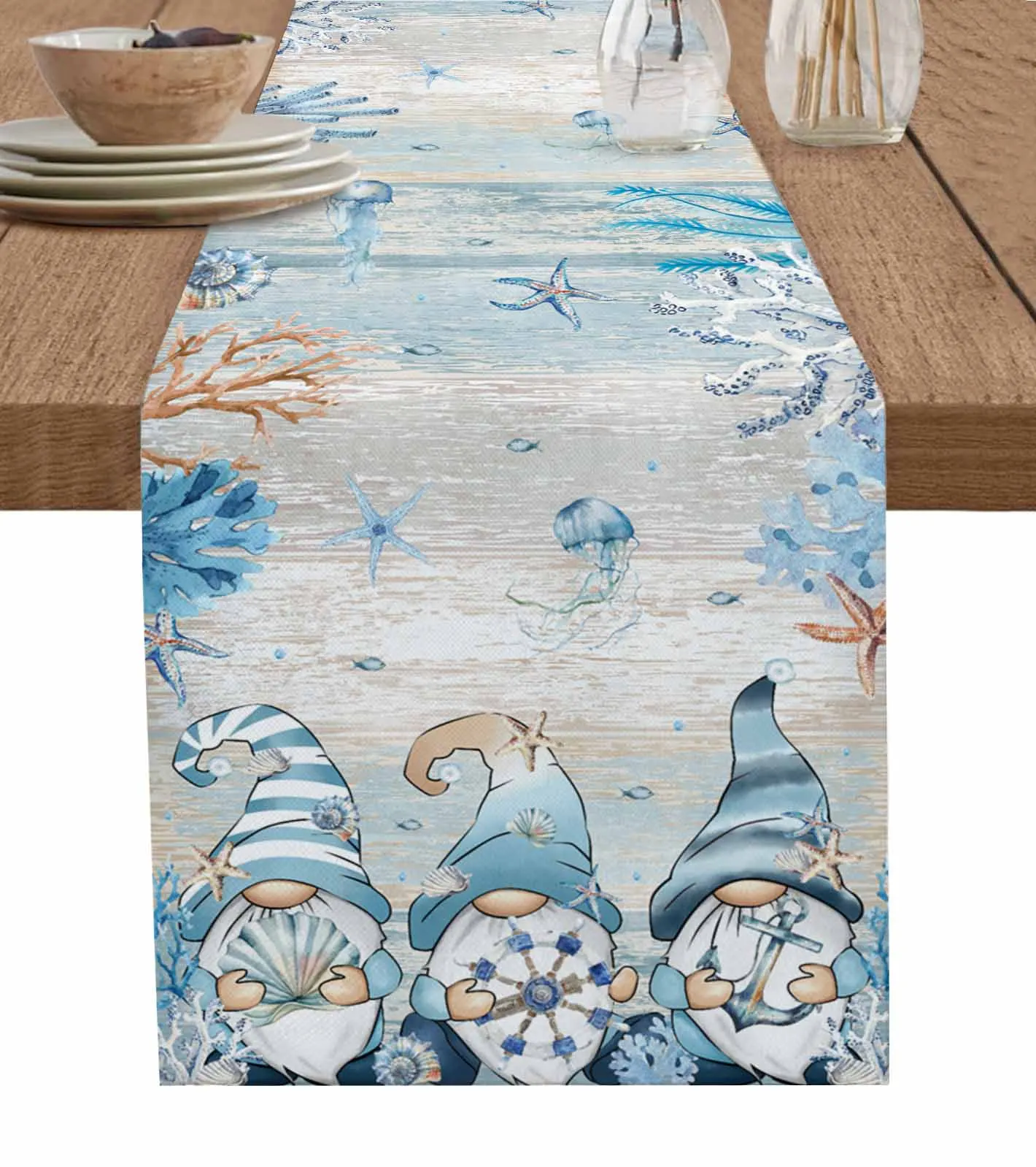 

Ocean Coral Sea Star Dwarf Retro Wood Grain Table Runner Home Wedding Table Mat Centerpieces Decoration Dining Long Tablecloth