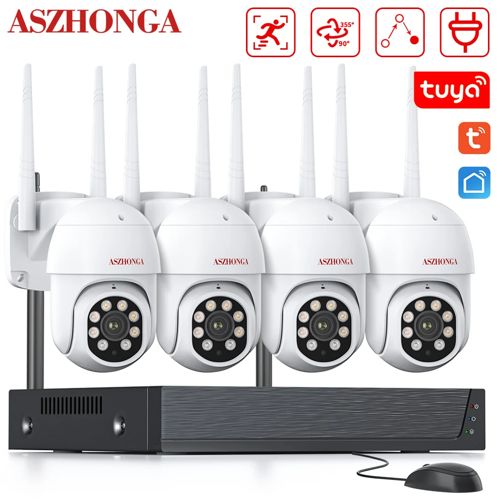 4CH TUYA Smart 2mp Outdoor Security Cameras 4 Channels Wireless Wifi CCTV Video Surveillance NVR IP Cam with 1T 2T Hard Drive