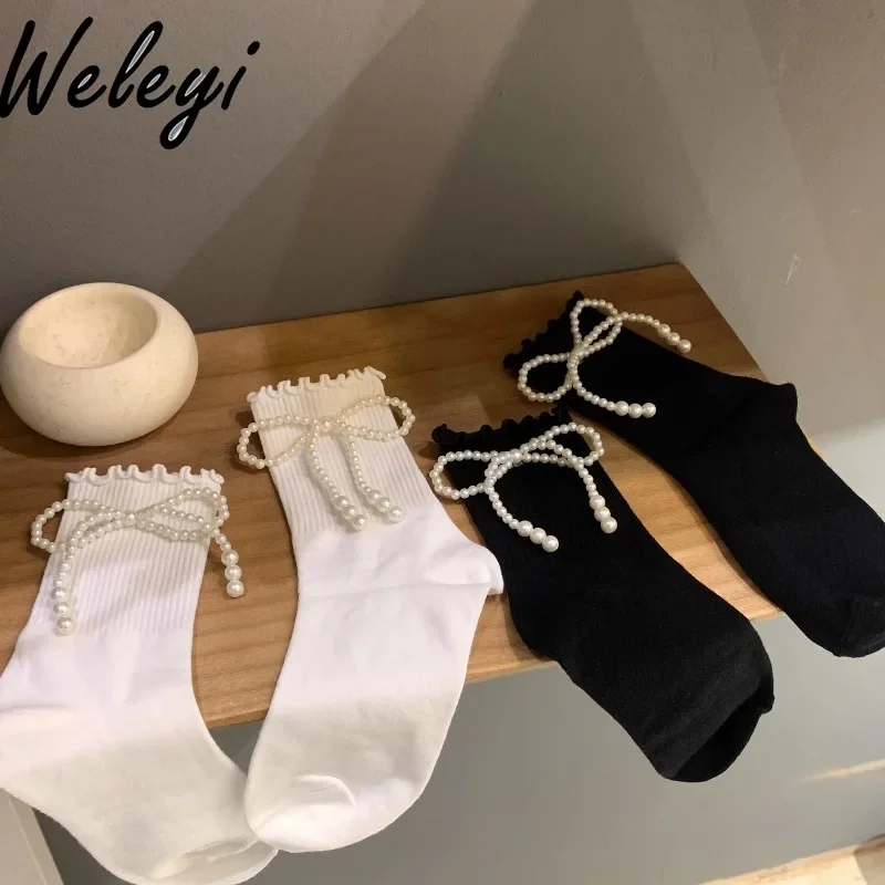 Sweet Woman Accessories Lolita Beaded Pearl Socks 2024 New Summer Japanese Cute College Style Women's White Bow Tube Sock Mujer