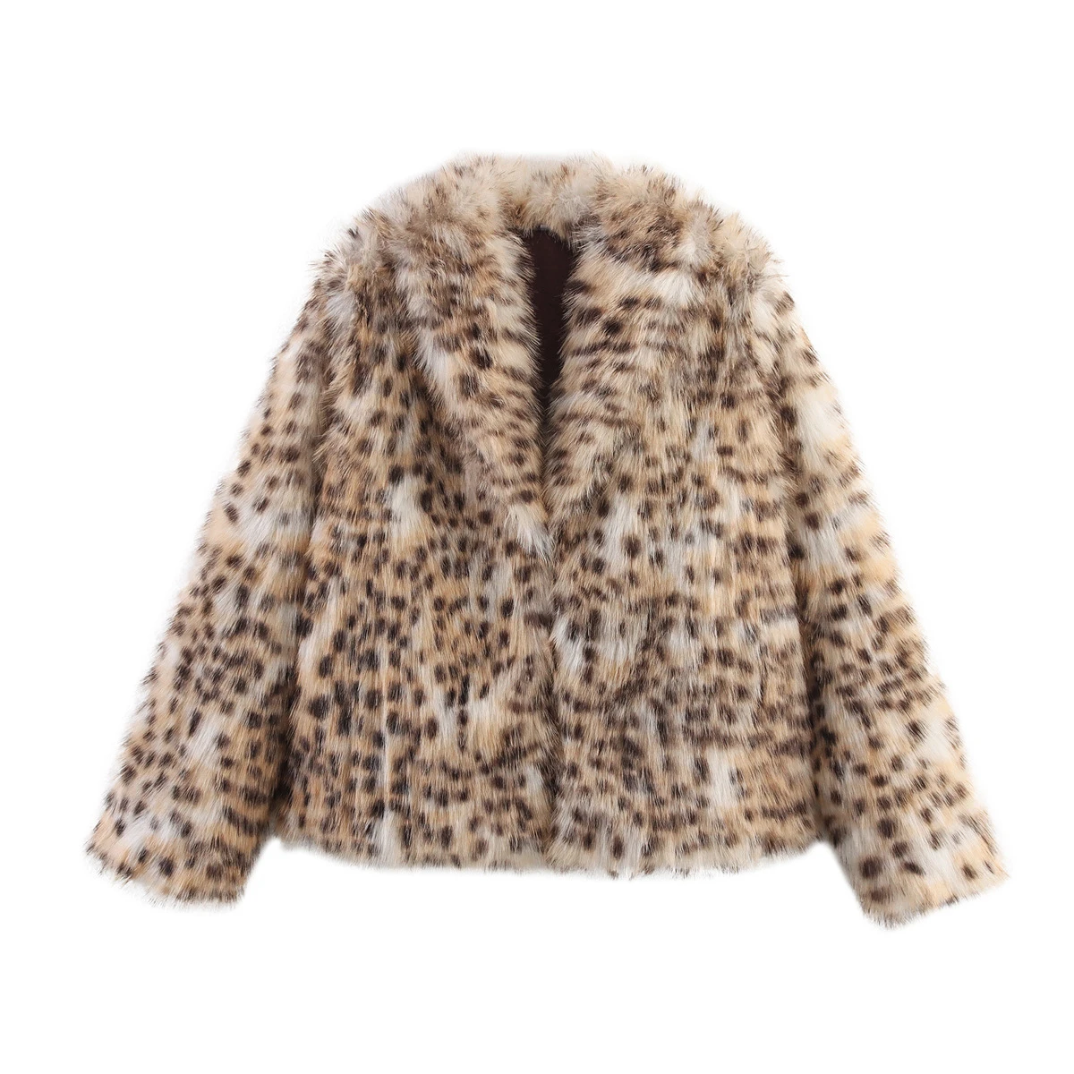 LIMO Women Cropped Deer‑Spot Faux Fur Coat Stand Collar Loose Long Sleeve Plush Open Front Outerwear