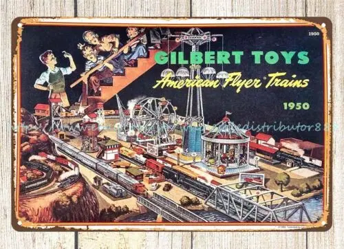 American Flyer train Gilbert toys railway railroad metal tin sign wall painting