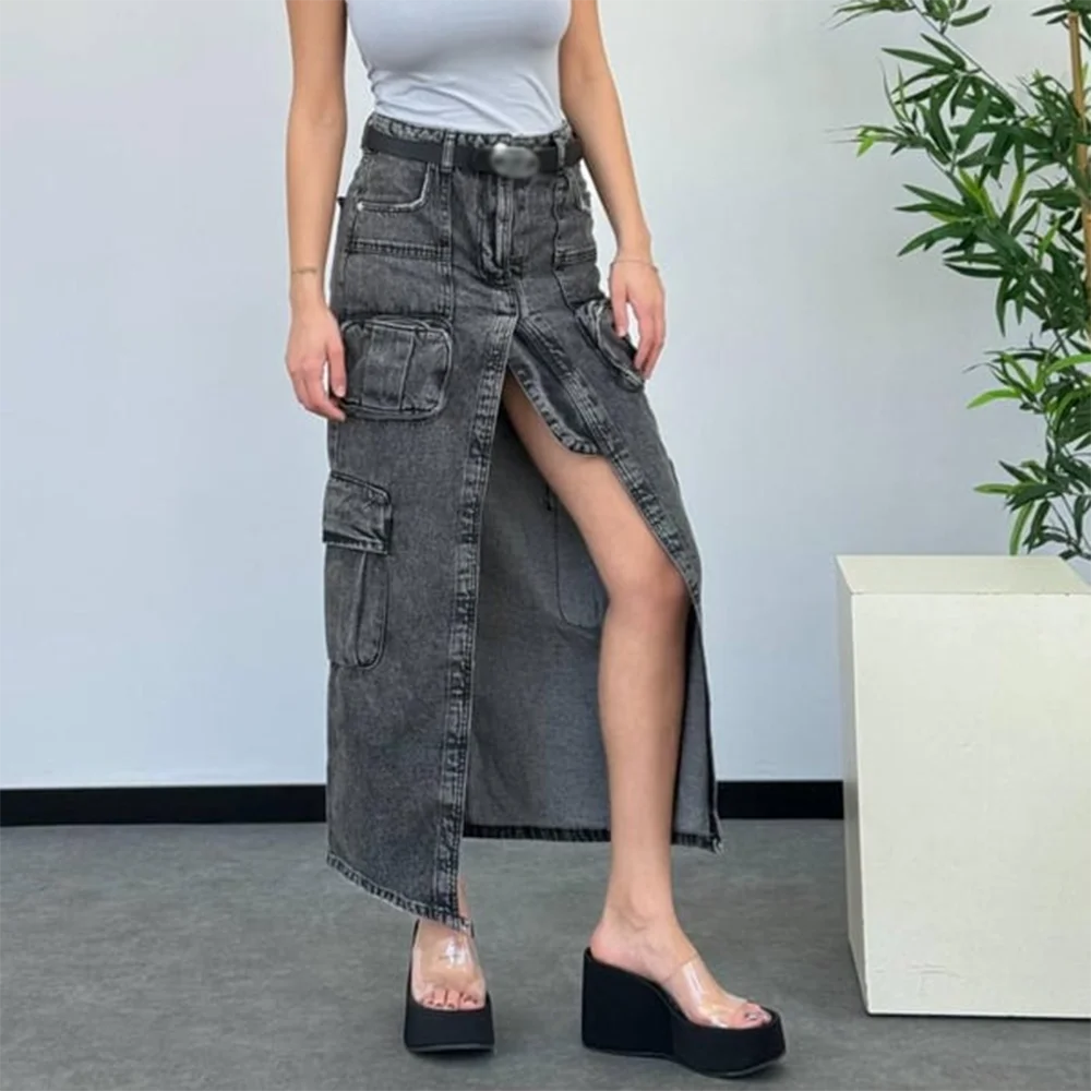 VGH Solid Streetwear Long Denim Skirts For Women High Waist Patchwork Pocktes Minimalist Casual Split Skirt Female Fashion Style