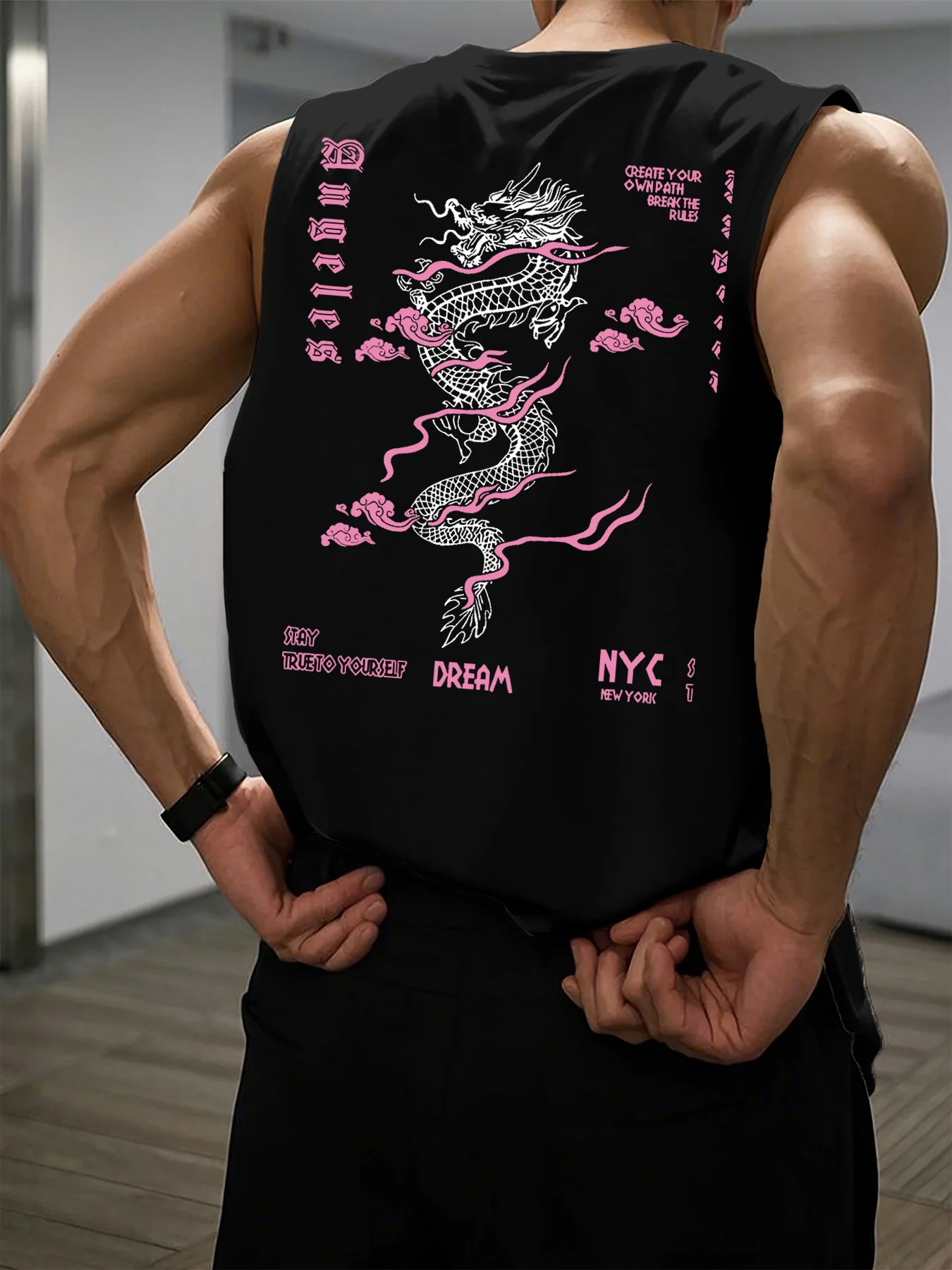 Men's Summer Leisure Sports Fitness Wide Dragon and Letter Pattern Printed Comfortable Breathable Round Neck Sleeveless Tank Top