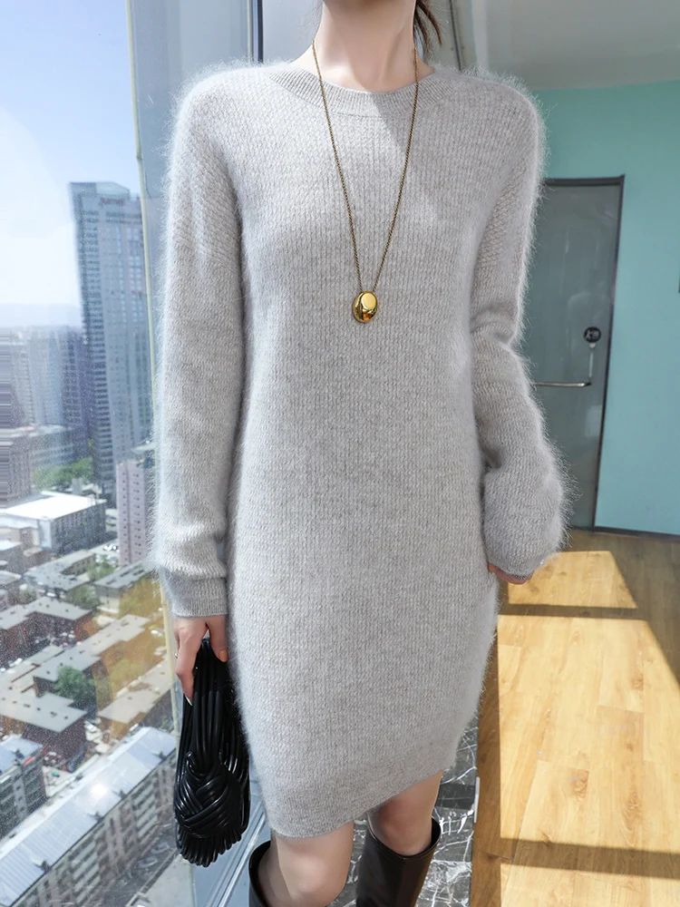 Women Sweater O-Neck Thick Dress Pullover Autumn Winter Office Lady Raglan Sleeve Slim Skirts 100% Mink Cashmere Knitted Dress ﻿