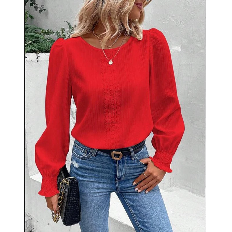 New Women Lace Patchwork Elegant Blouses Spring Autumn Fashion Office Lady Shirts Solid Long Sleeve Loose Tops Blusas Para Mujer