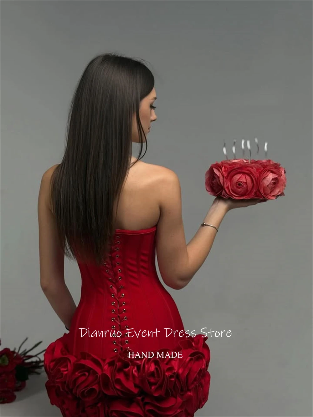 Dianruo Sleeveless Satin Prom Dress Above Knee A Line Birthday Dress Handmade 3D Florals Formal Homecoming Dresses Customized