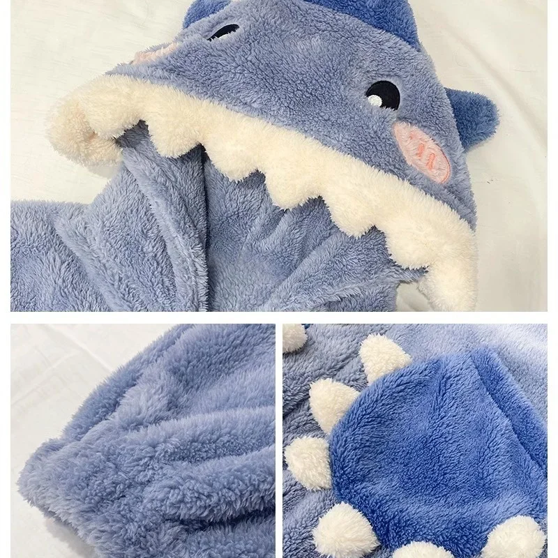 Blue Shark One-piece Pajamas Anime  Cosplay Costumes Winter Coral Fleece Warm Hooded Nightgown Full Zipper Thick Onesies