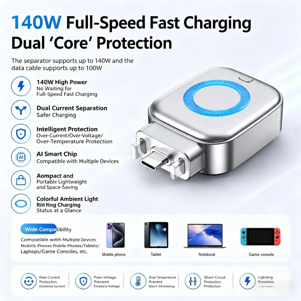 140W Smart Full Charge Self-Cut Type-C Adapter, Universal Auto Disconnect for Night Charging, Overcharge Prevention Separator