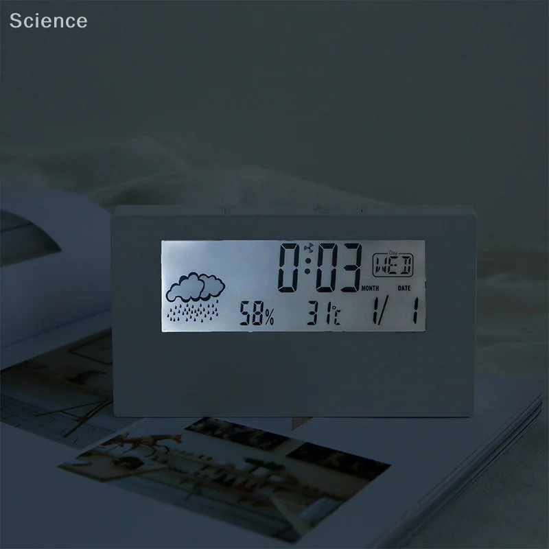 Thermometer And Hygrometer Clock Creative Weather Display Luminous Small Alarm Clock Ins Transparent Electronic Alarm Clock