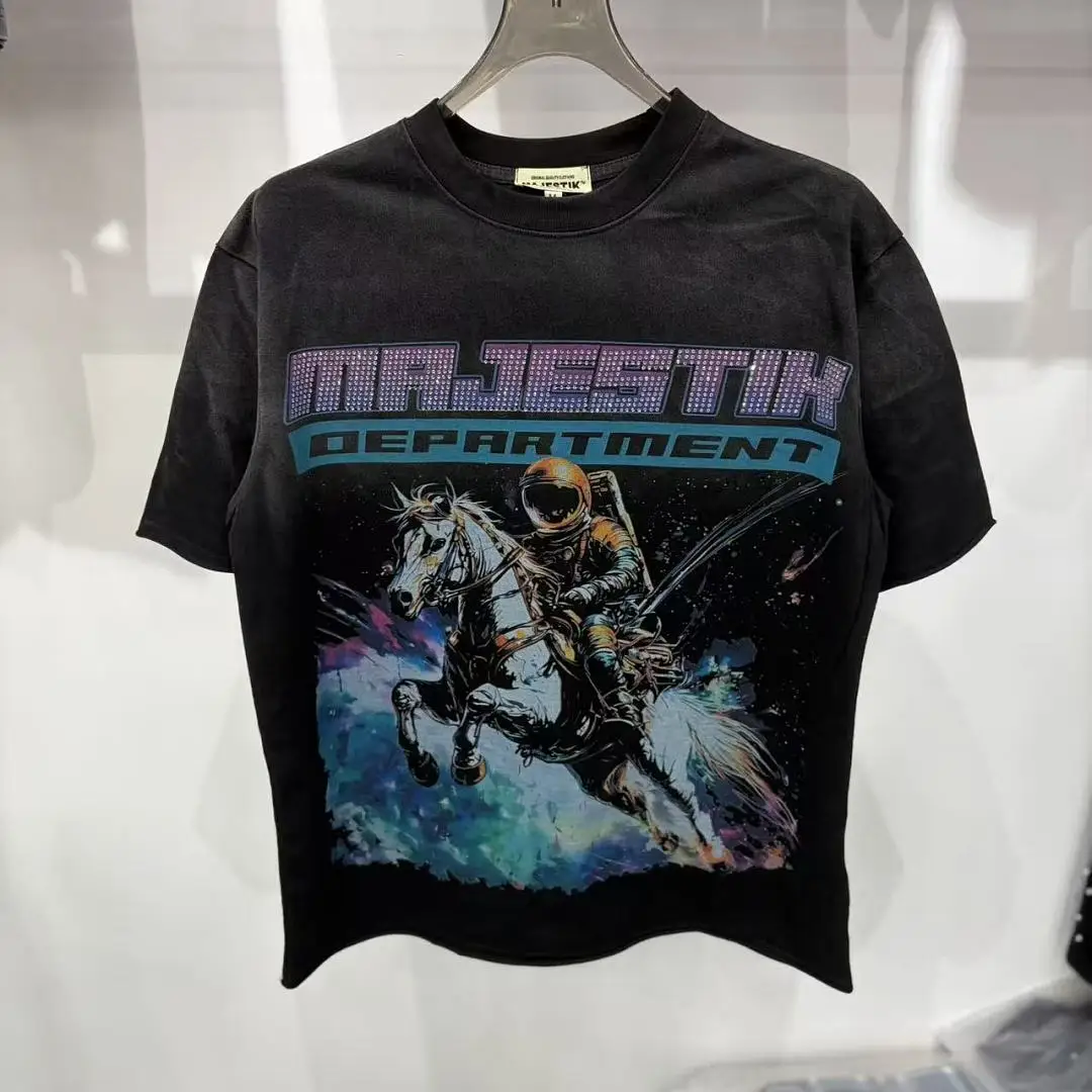 Y2K Retro Washed Distressed T-Shirt Men's Majestik Department Rhinestone Letter Print Streetwear Oversized Hip Hop Loose Tops