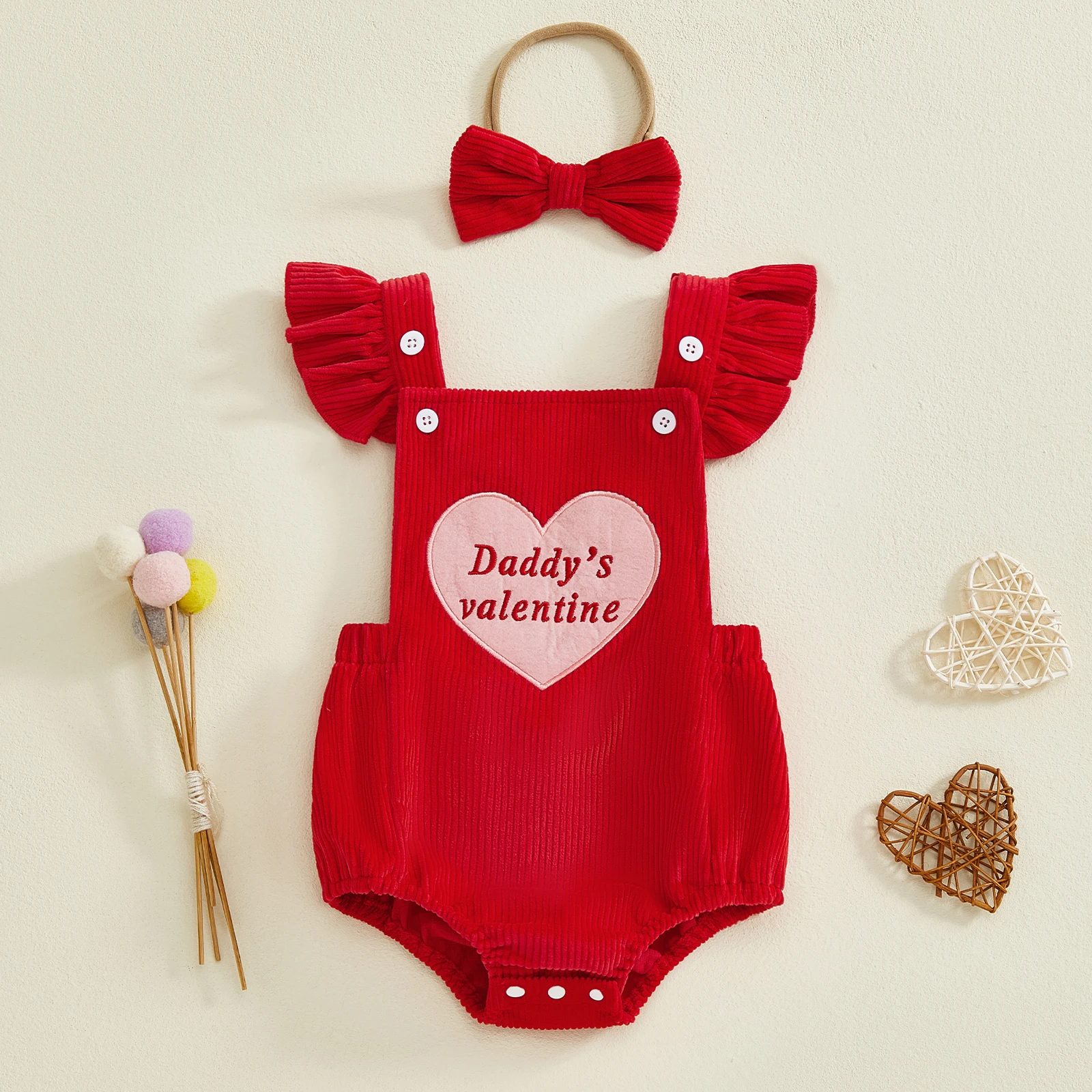 

Valentine s Day Toddler Girls 2 Piece Set Sleeveless Heart Print Romper with Matching Bow Headband for Baby Girls