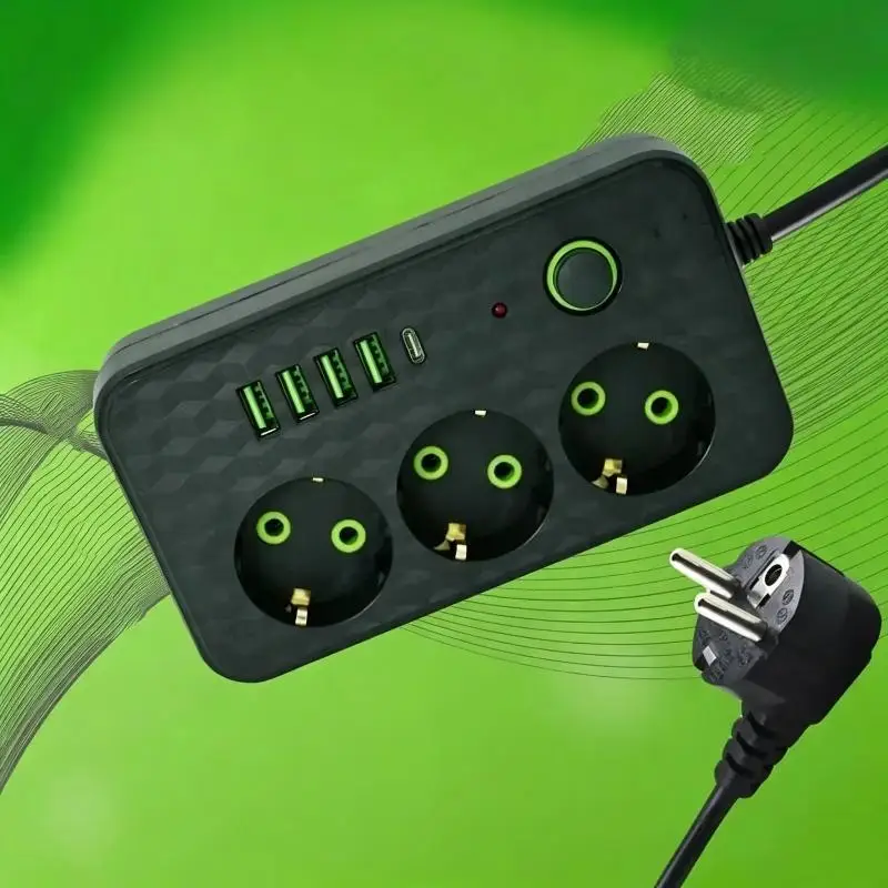 1Pcs AC Outlets Multitap Socket 2/3 Meters Electrical Power Strip EU Plug With USB Type C Fast Charging Network Filter Adapter