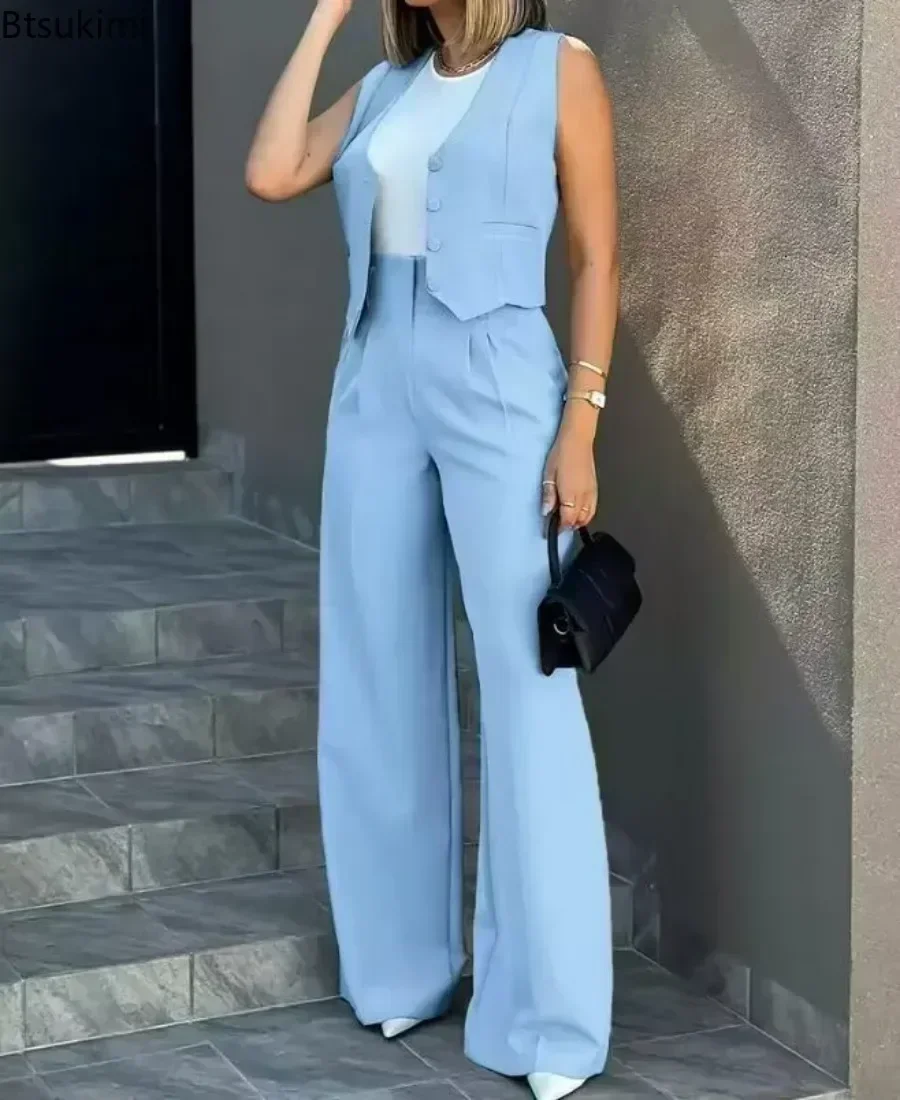 

New 2025 Women's Summer Casual 2PCS Pants Sets Solid Vest +Pants Sets Elegant High Waist Wide Leg Outfits Women Matching Sets