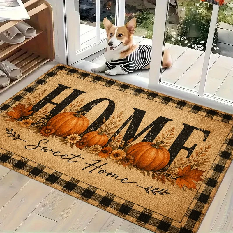 Home Sweet Home Fall Doormat, Plaid Pumpkin Maple Leaf Print Entry Mat, Autumn Season Front Door Decor