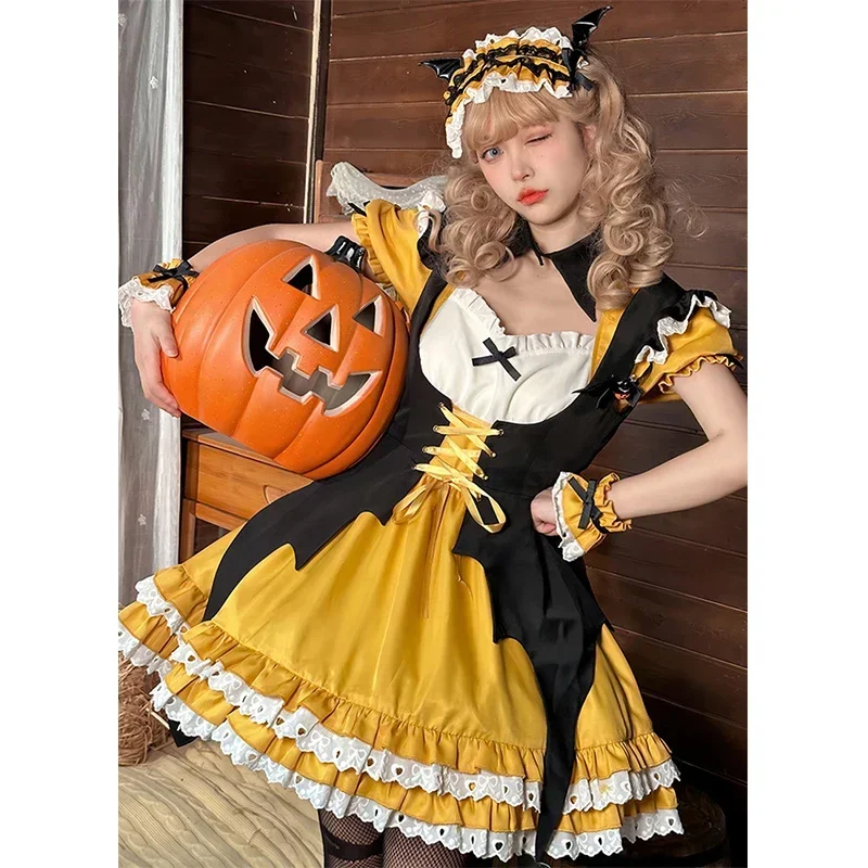 

Maid Cosplay Halloween Costumes for Women Dark Gothic Orange Witch Lolita Dress Maid Pumpkin Uniform