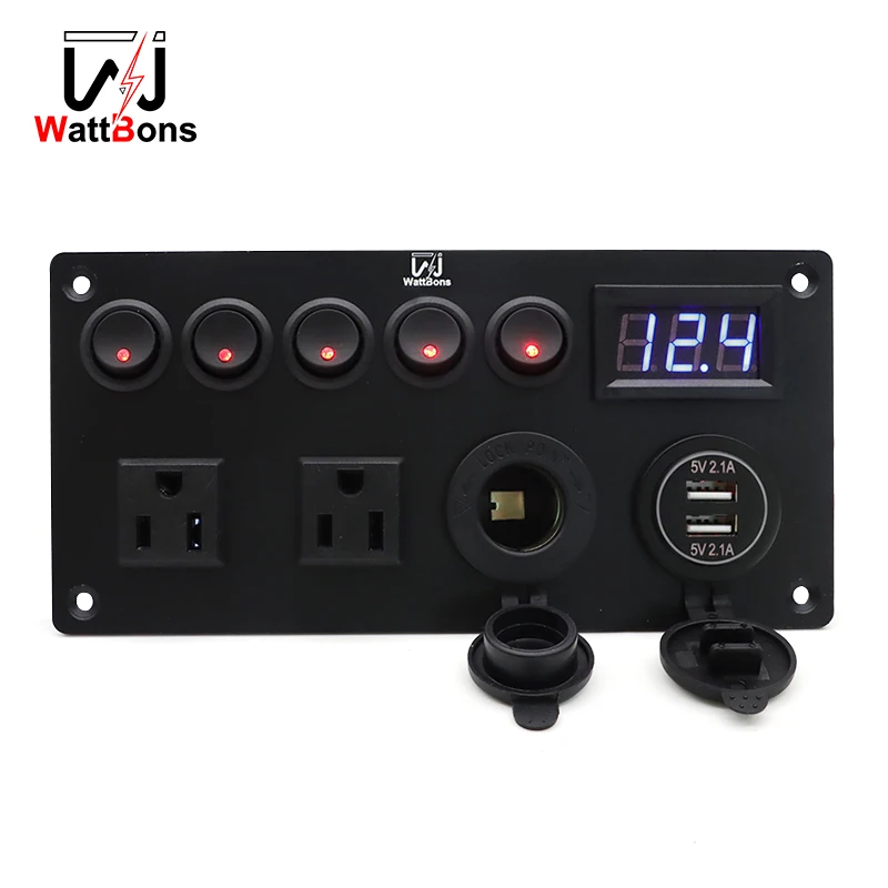 

5 Groups Of Switch Combination Square Voltmeter Gauge Access Socket Car Charge