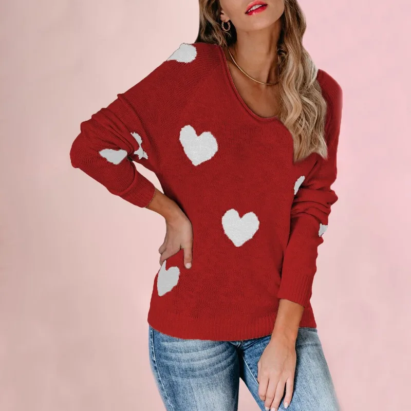 

2025 New Autumn and Winter Loose Love Mood People's Day V-neck European and American Women's Pullover Sweater