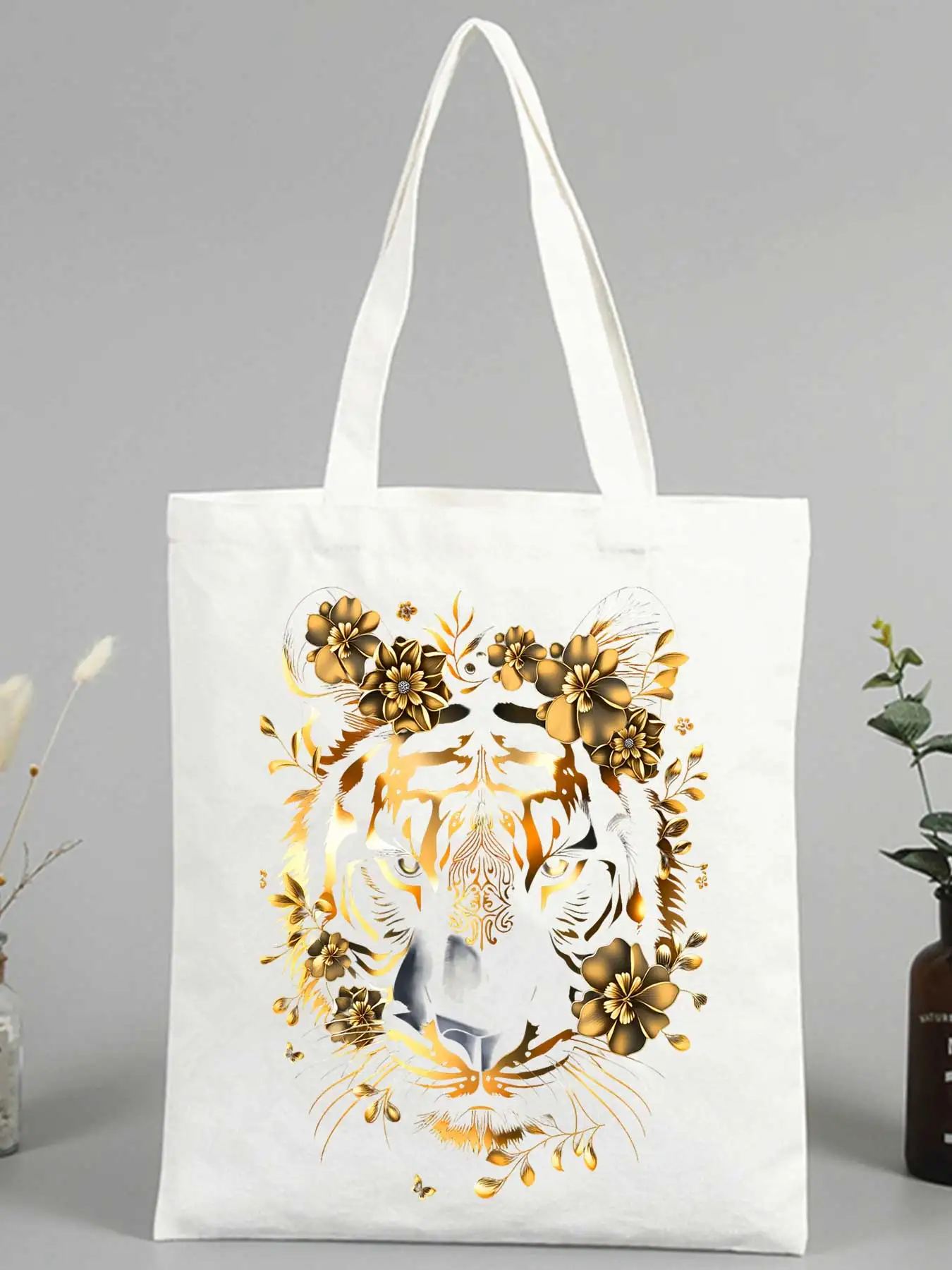 tiger and floral print canvas tote bag, artistic design for casual daily use and summer outings