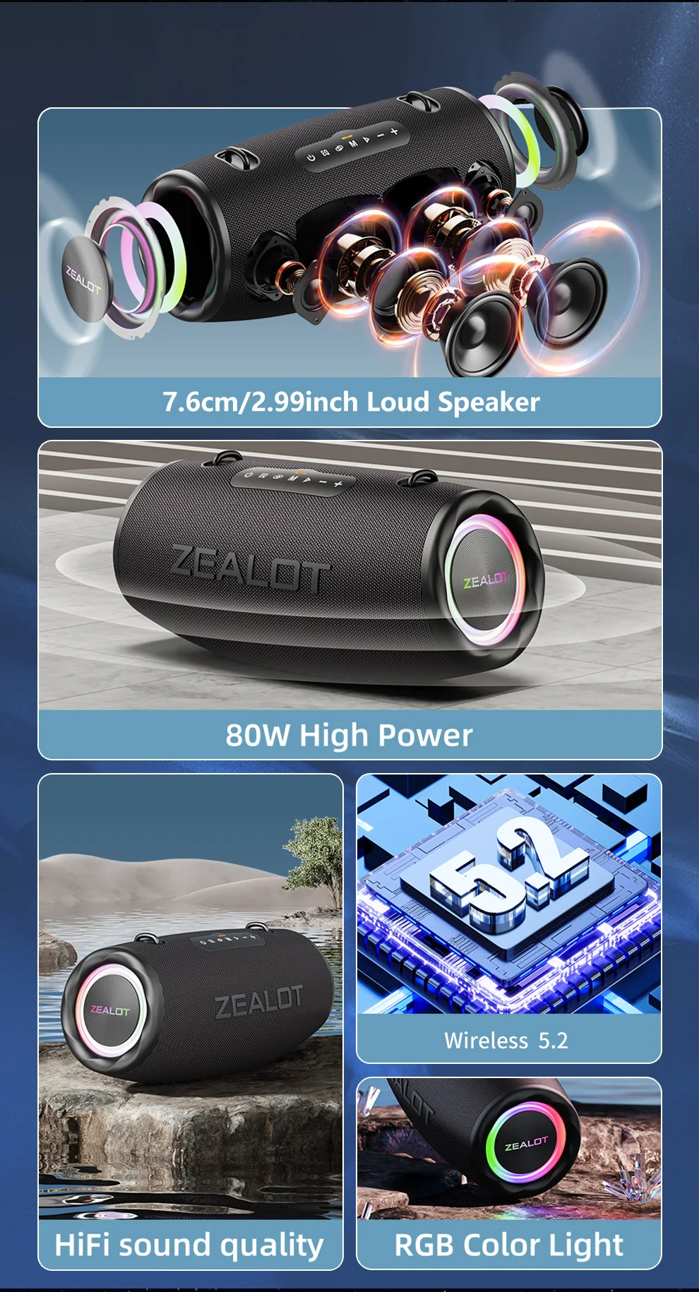 ZEALOT-S87 80W Hochleistungs-Bluetooth-Lautsprecher Tragbarer RGB-Farbbeleuchteter Wasserdichter Kabelloser Subwoofer 360° Stereo-Surround – Detail 5