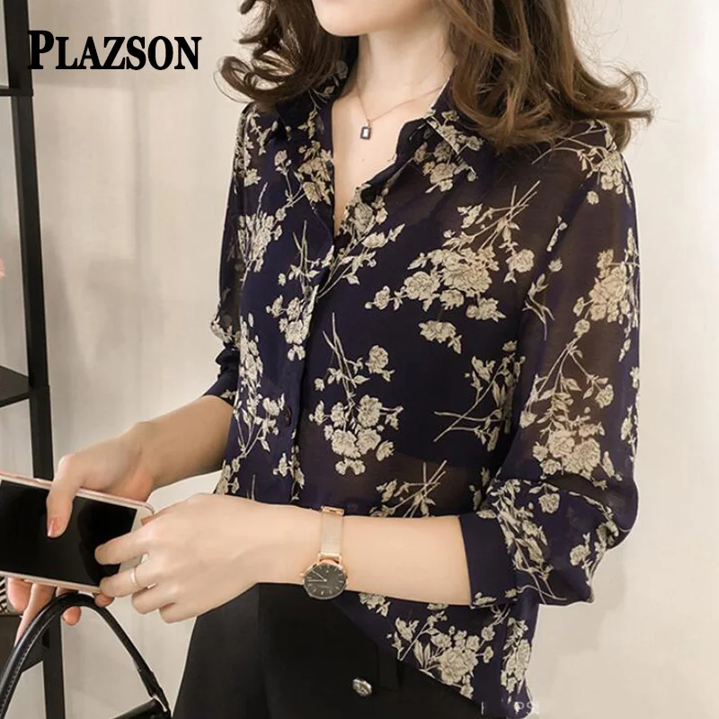 PLAZSON Women\'s Oversized Shirt Flower Cardigan Vintage Blouse Summer Long Sleeve Sheer Sunscreen Tops Loose Blusas рубашка