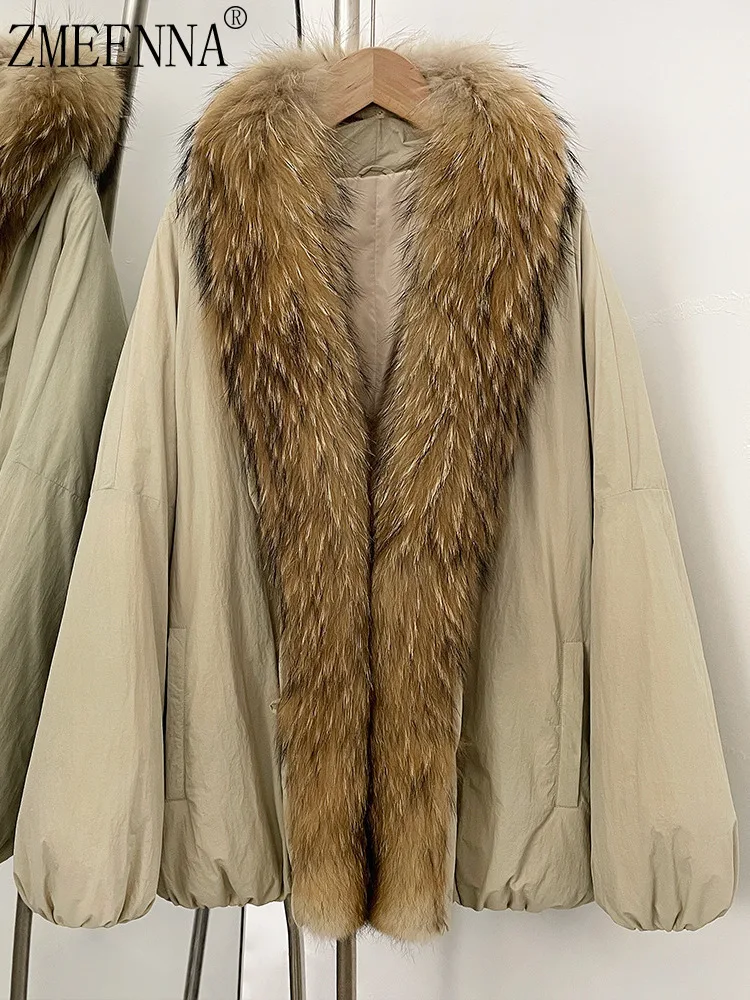 

ZMEENNA Женский пуховик с большим V-образным вырезом и меховым воротником Роскошное теплое зимнее пальто с воздушными рукавами Повседневный стиль ZM4379