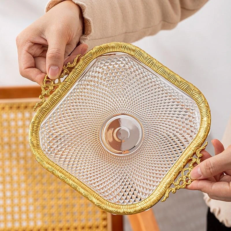 Handmade Crystal Glass Shallow Square Board American Luxury Jewelry Storage Board Living Room Tea Table Fruit Tray Decoration