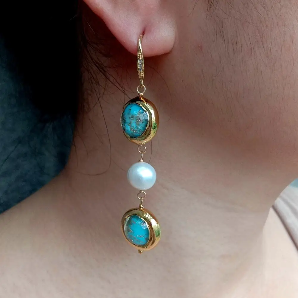 Y·YING Cultured White Pearl Blue Murano Glass Dangle Hook Earrings Handmade For Women Party