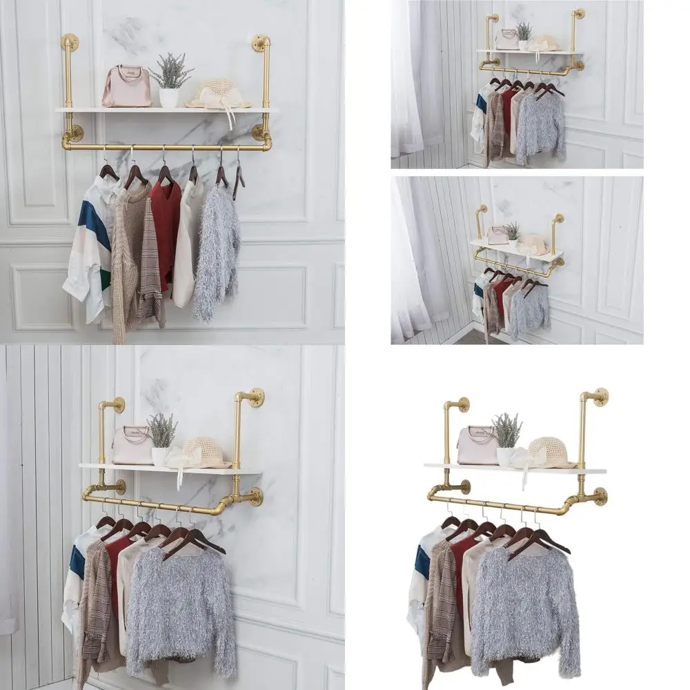 

Gold and White Industrial Style Detachable Wall-Mounted Iron and Wooden Garment Rack, Heavy-Duty Pipe Clothes Hanger for Closet