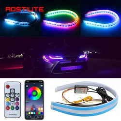 2PCS RGB Car LED Daytime Running Lights APP/Remote Control Flexible Auto Headlight Strips Flow DRL Light Turn Signal Tube 12V
