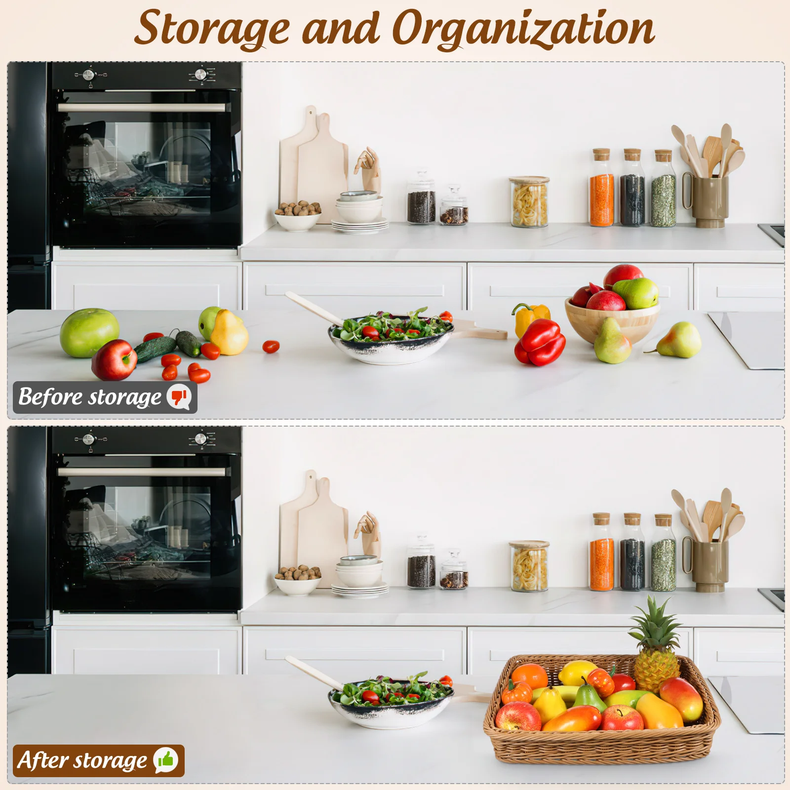 

1Pcs Woven Rattan Fruit Basket Light Brown Handmade Storage Basket Kitchen Vegetable Bread Snacks Picnic Decoration