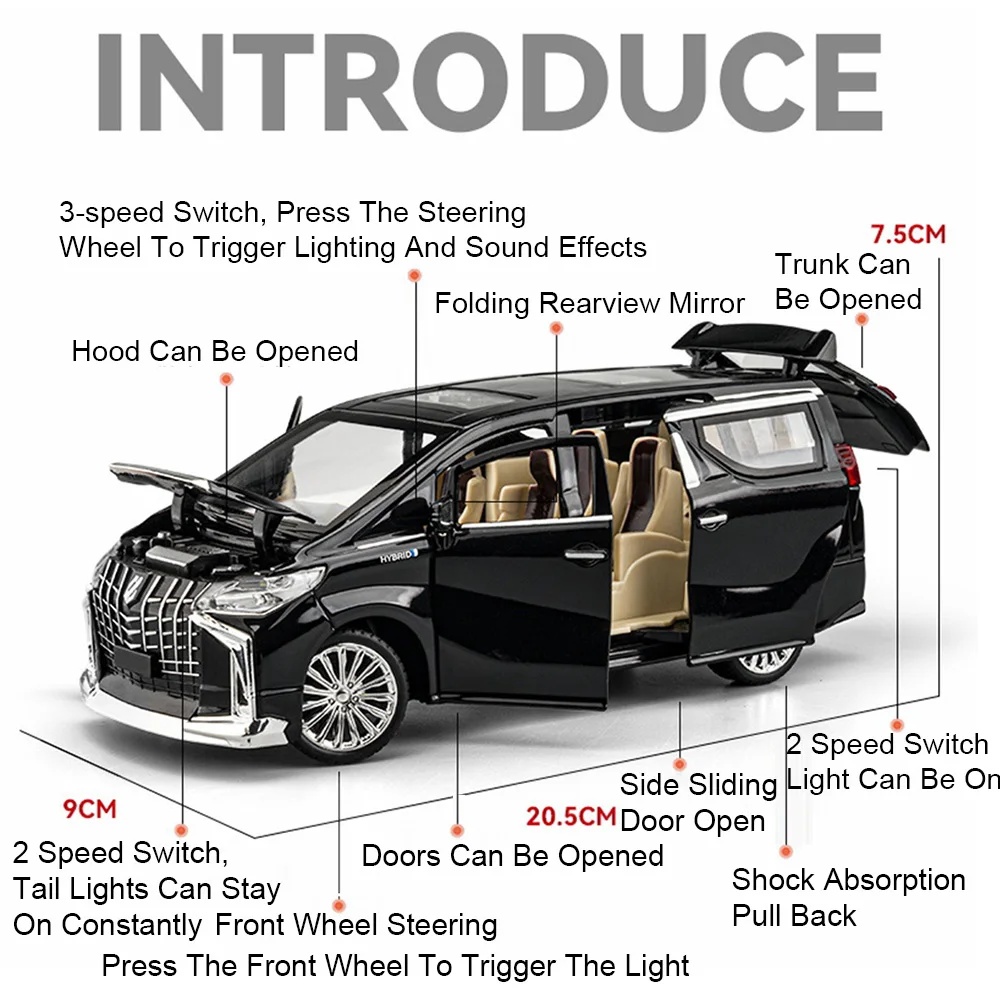 1:24 Vellfire Alphard Alloy MPV Model Toy Car Metal Diecast Doors Opened Sound Light Business Cars Models Kids Hobby Ornaments