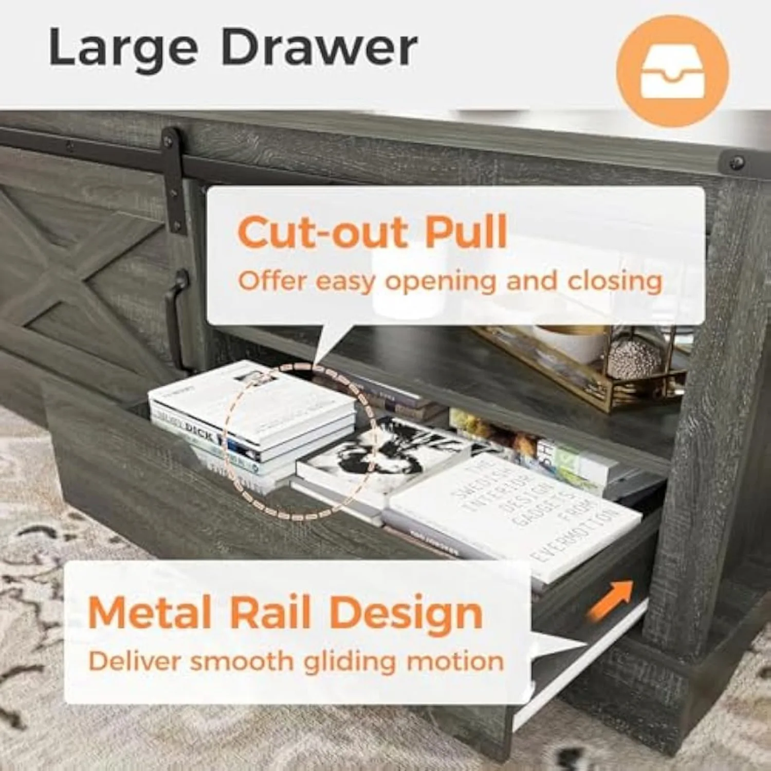 RoyalCraft Farmhouse Coffee Table with Storage and Sliding Barn Door, 48'' Rustic Living Room Table with Open Shelves