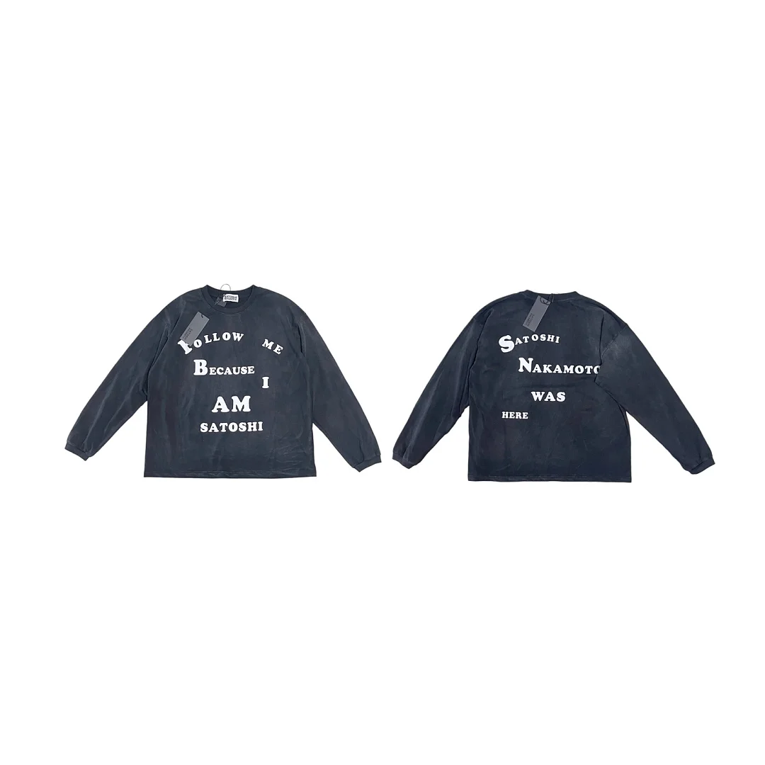 Summer Men Retro Washed Black SATOSHI Nakamoto Slogan Printed Long Sleeve Tee Oversized Loose Streetwear Casual Basic Sweatshirt