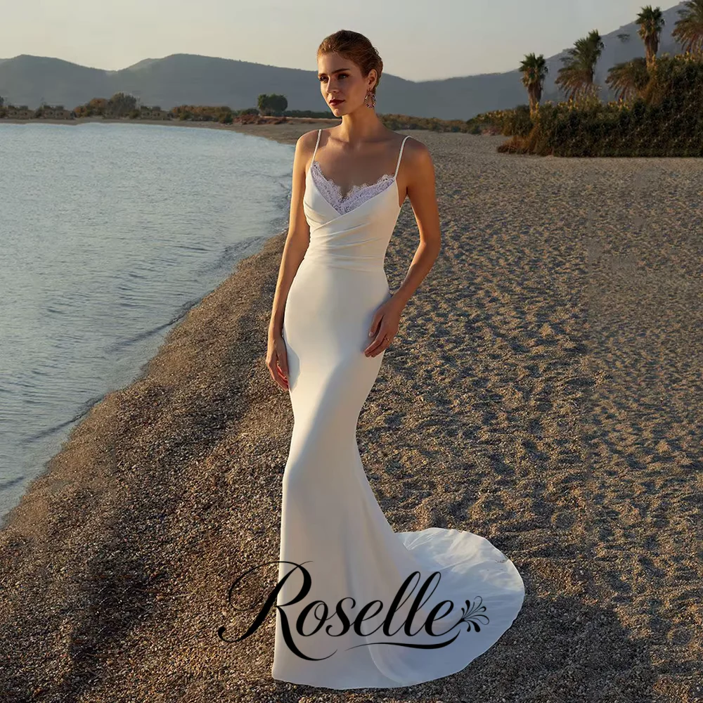 Customized Mermaid Wedding Dress 2026 Spaghetti Strap Beach Bridal Gown Lace V Neck Backless Pleated Wedding Dresses