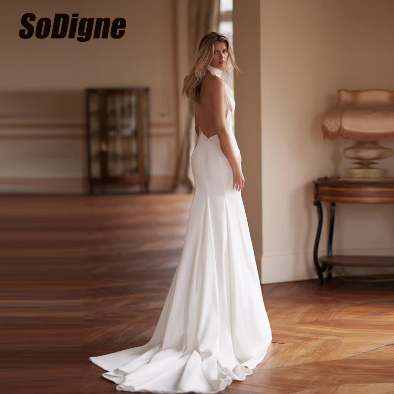 

SoDigne Mermaid Satin Wedding Dresses Sleeveless High Neck Bridal Dress Bohemian Long Wedding Gown Robe De Mairee Customized