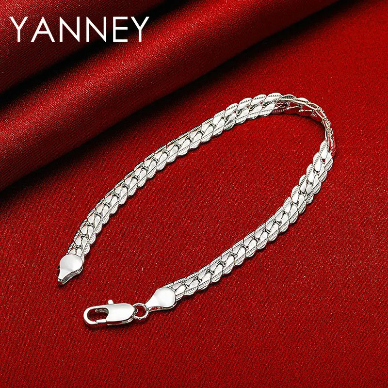 

New 925 Sterling Silver 8 Inches 6MM Side Chain Women Men Hip Hop Bracelet For Fashion Wedding Engagement Gift Jewelry Party