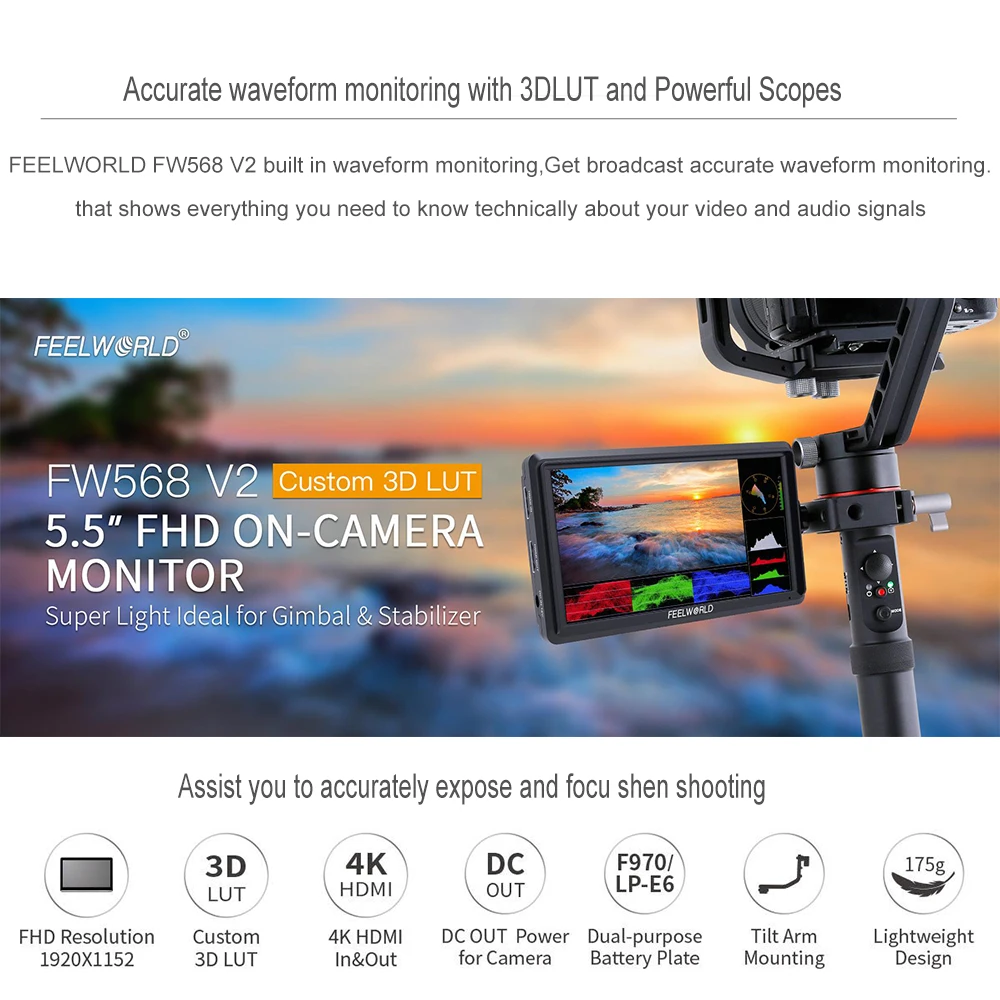 FEELWORLD DSLR Camera Field Monitor FW568 V3 5.5 Inch 3D LUT IPS Full HD1920x1152 Support HDMI Output With Tilt Arm Touch Screen