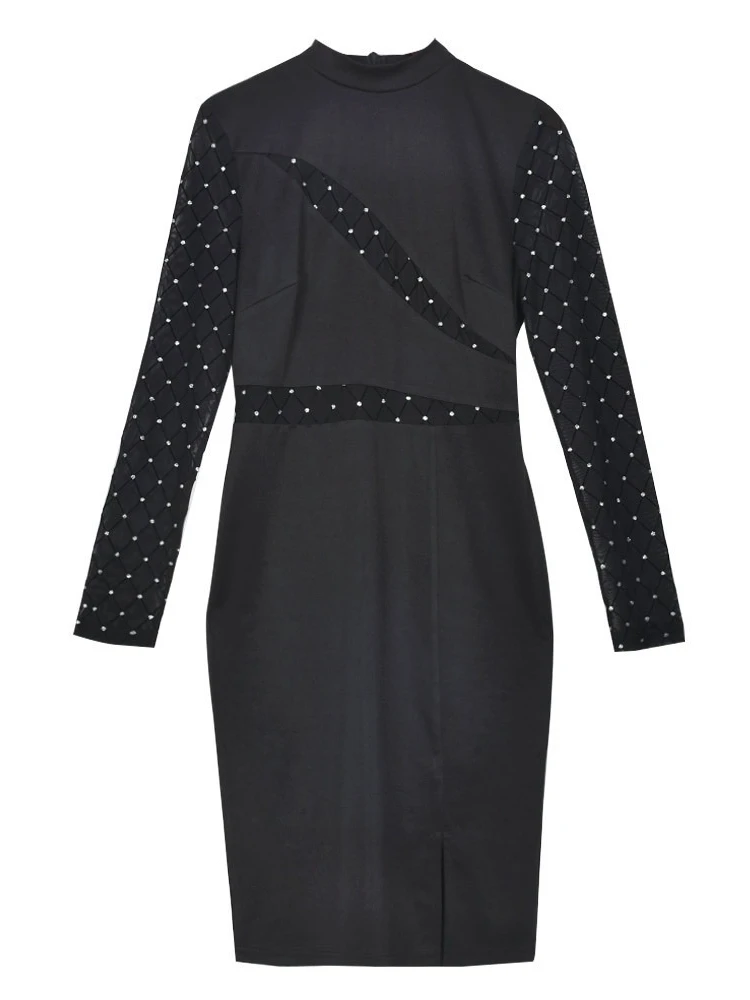 SsTss Women's Patchwork Mesh Hollow Out Mini Dress Sexy Black Stand Collar Long Sleeve Slim Fit Split Knee Length Bodycon Dress