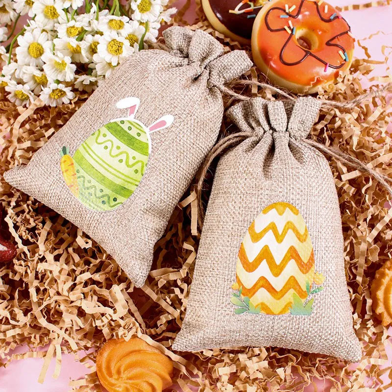 6pcs Easter Burlap Candy Bags Bunny Carrot Egg Pattern Jute Linen Treat Gift Bags for Easter Party Kids Cookies Snack Pack Bags