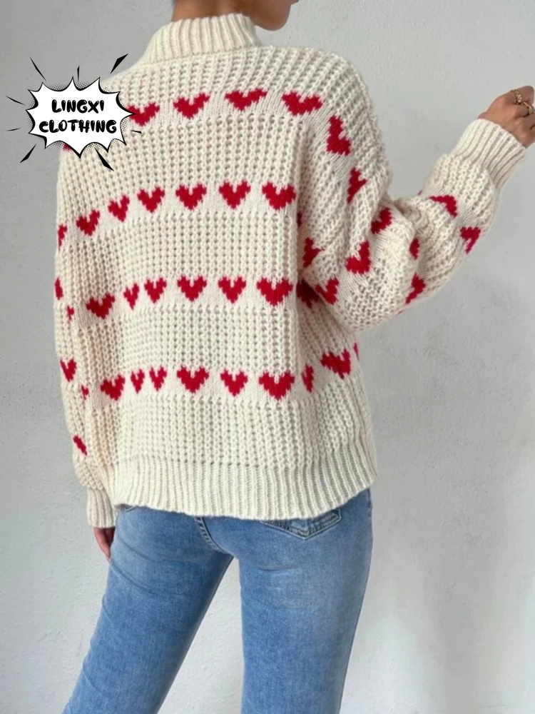 2023 Autumn New Women\'s Knitted Top Pullover Round Neck Heart Jacquard Knitted Warm and Elegant Street Style Knitted Sweater