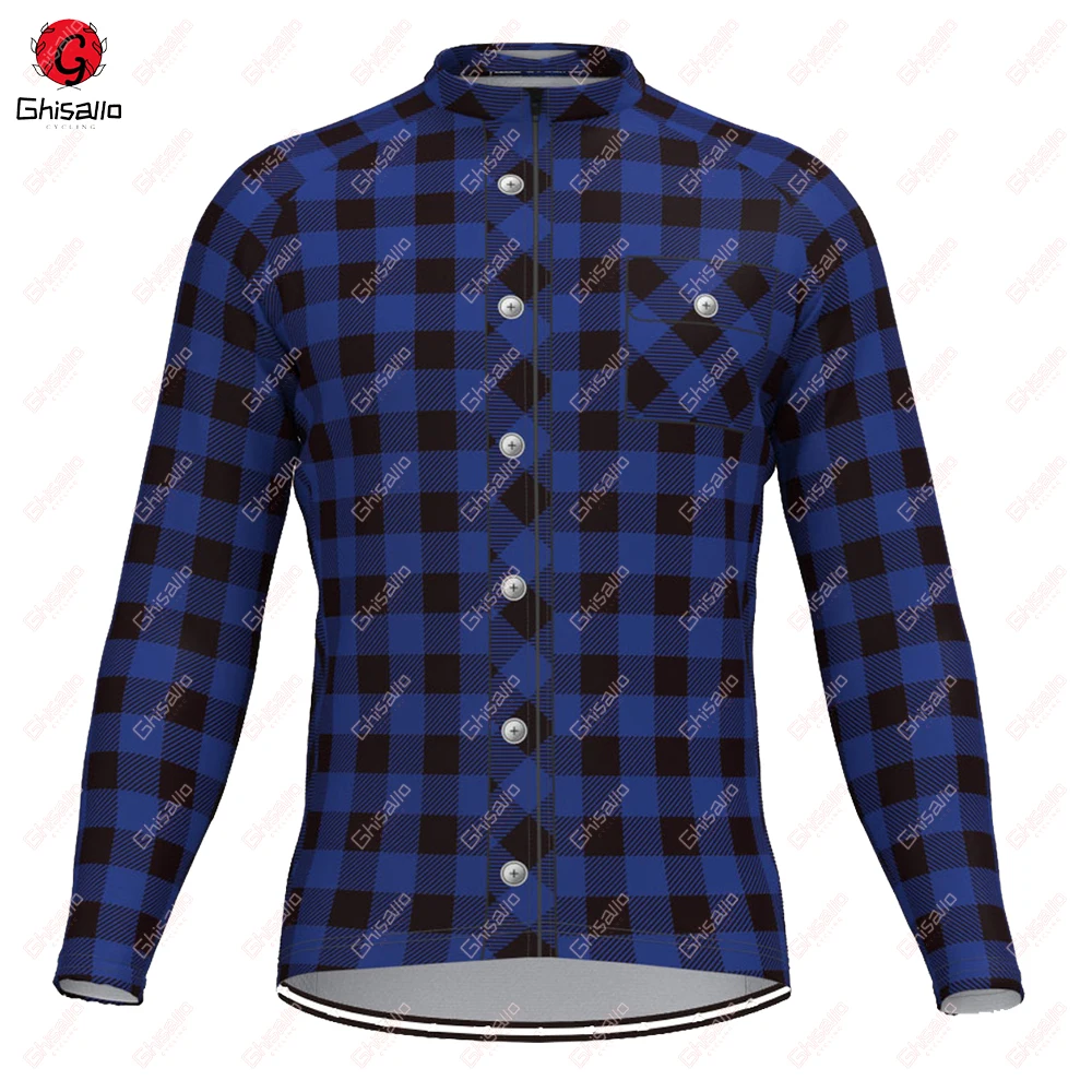 Plaid Checkered Cycling Jersey for Men, Long Sleeve, Thermal Fleece Lining, Warm, Road Bike, MTB Clothing, Winter and Autumn