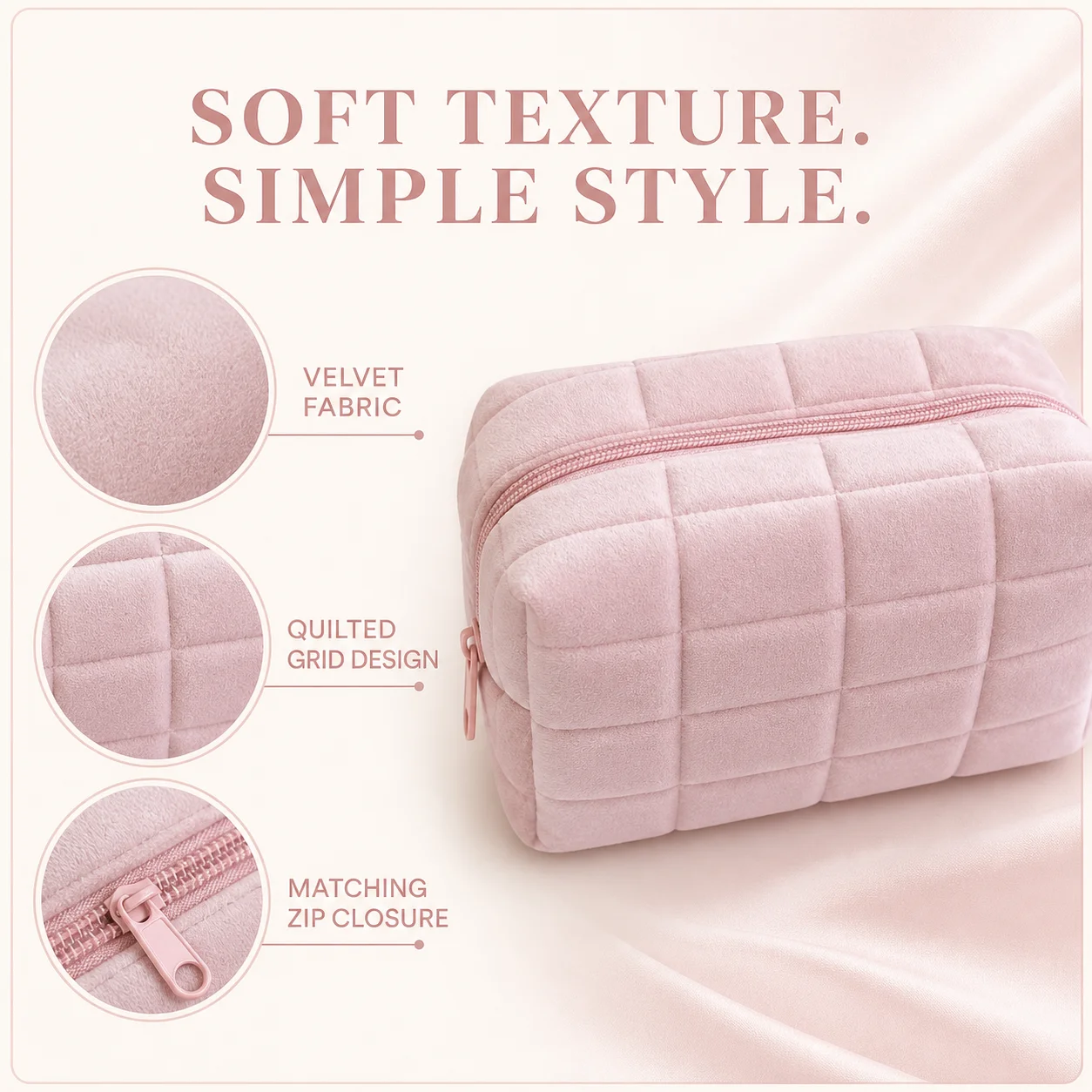 Pink Quilted Makeup Bag, Plush Zipper Cosmetic Pouch with Square Stitch Texture, Soft Fluffy Storage Bag for Cosmetics Travel