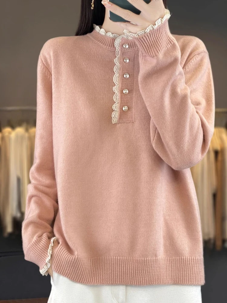 

Ladies Knitted Wool Sweater Inner Lace Base Layer Autumn Faionable Brand out of Sto Camere Long Sve round Ne Warmth