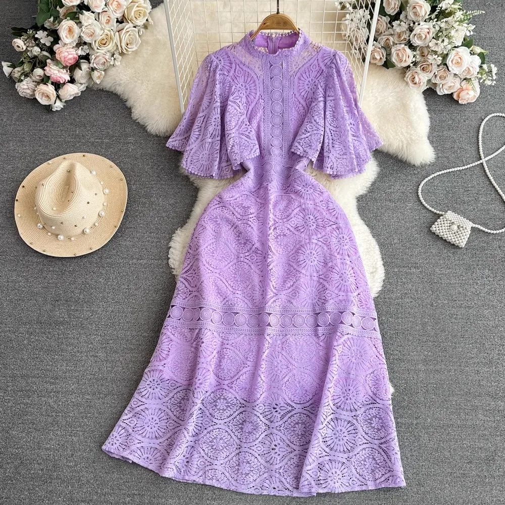 Fashion High Quality Summer Embroidery Purple Lace Midi Dress Elegant Women Stand Collar Flying Sleeve Flower Hook Party Dresses