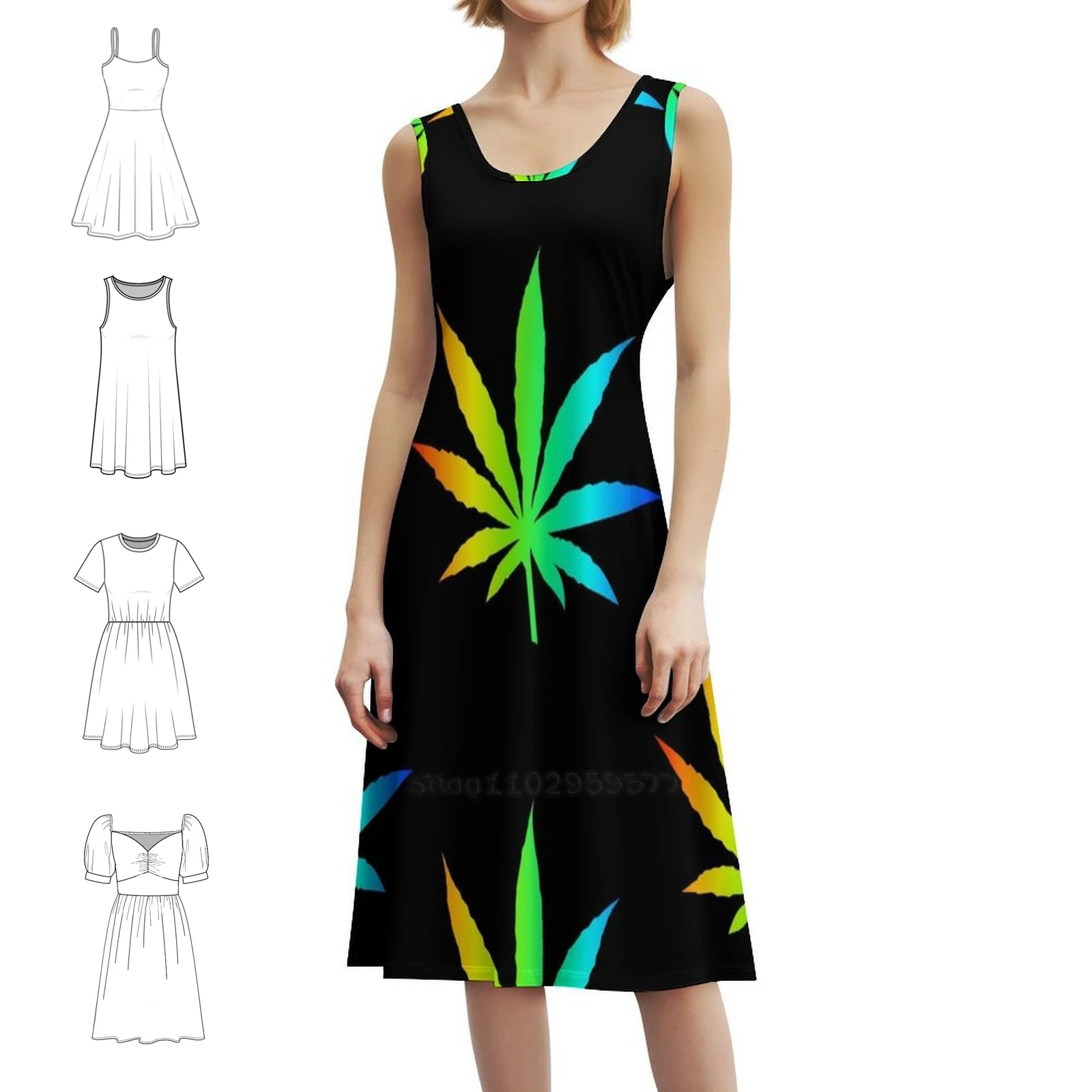 فستان بوهيمي بدون أكمام بأوراق قوس قزح متعدد الطباعة لحفلات العطلات على الشاطئ فستان حفلات هاش براونيز ينضعي Thc High Tokin للسيدات