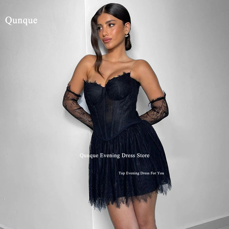 

Qunque Charming Lace Prom Dresses Robes De Cocktail Sweetheart Mini Vestidos De Gala Black Strapless Party Dresses Luxury 2024