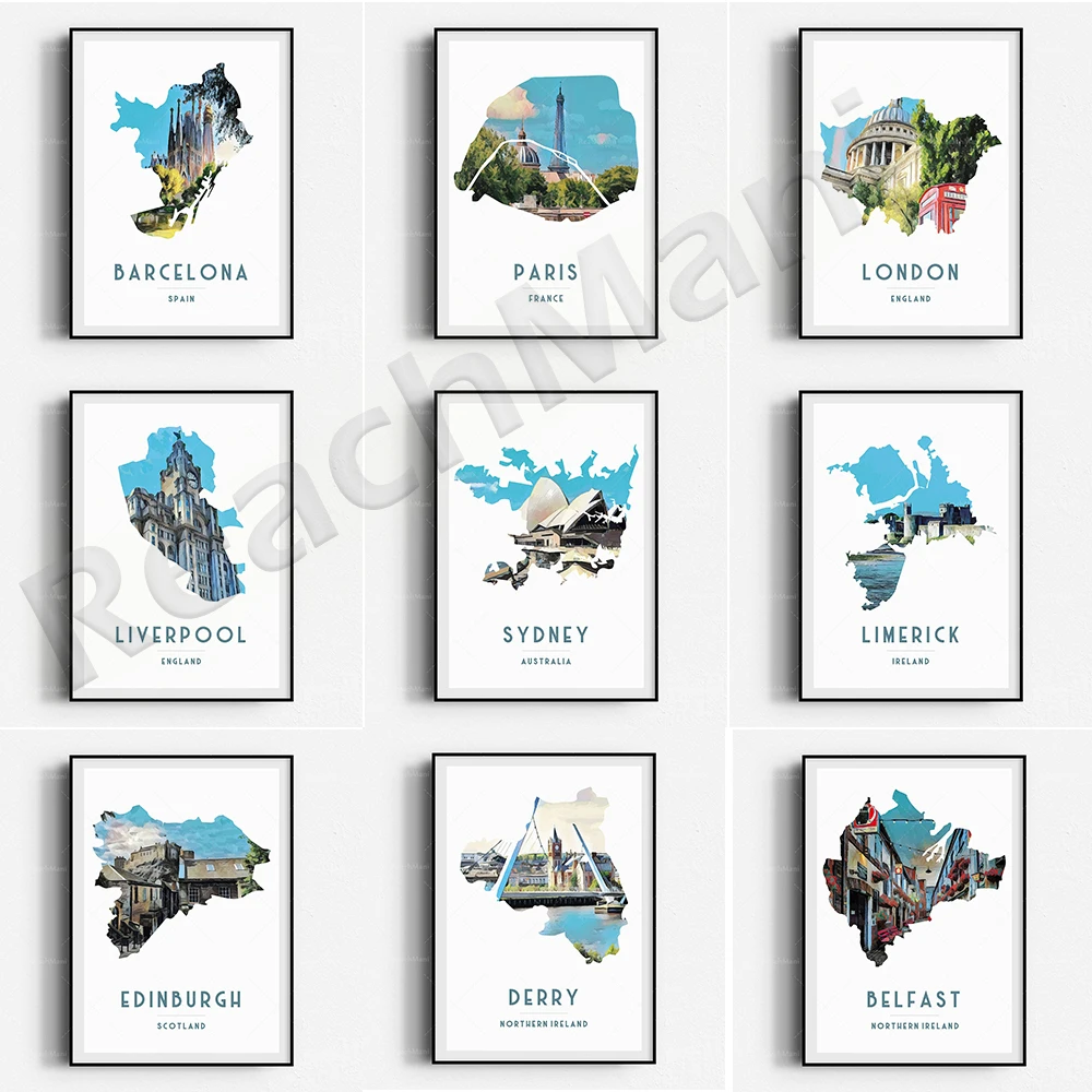 

Paris, Glasgow Feniston Crane, Londonderry, Edinburgh, Barcelona, Istanbul Bosphorus Bridge, Sydney Opera House, Travel Poster