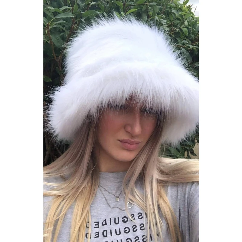 

Women Furry Fisherman Hat Winter Warm Fluffy Solid Color Cap Trendy Chic Bucket Cap for Outdoor Ski Streetwear/ Photo Props