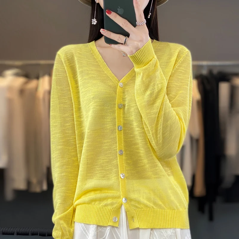 Summer Sunscreen Ice Silk Cardigan Women\'s V-Neck Long Sleeve Loose Knitted Top Solid Transparent Cardigan Air Conditioned Shirt